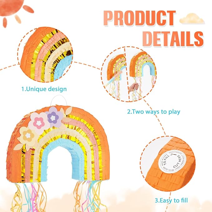 WERNNSAI Rainbow Piñata - Rainbow Pull String Piñata with Bundle with Blindfold and Bat for Girls Kids Boho Theme Birthday Party Decoration Game for Baby Shower Carnival Summer Party Supplies