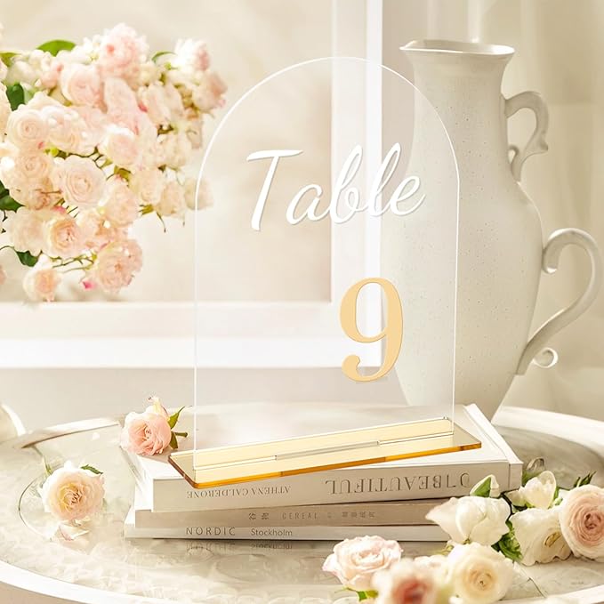 Wedding Table Numbers 1-20 with Stands 3D Gold Number 5.5” x 7” Arch Transparent Acrylic Signs with Holder Clear Acrylic Table Numbers for Wedding Reception Anniversary Party Events