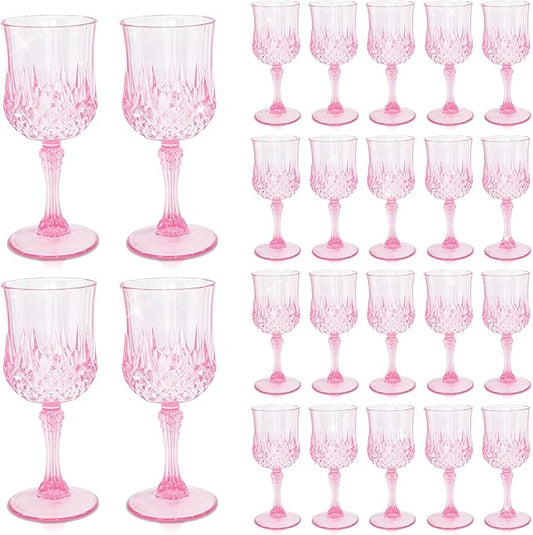 CHLJAR 24 PCS Plastic Pink Wine Glasses Goblets Pink Vintage Wine Glasses, Reusable Drinkware Vintage Champagne, Plastic Goblets for Parties for Wedding Reception Grand Event Party, 7oz