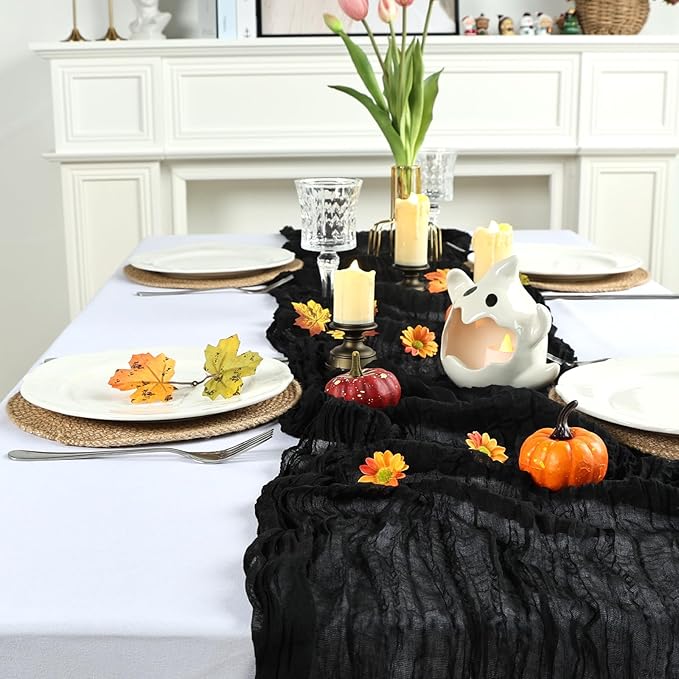 16 Pack Table Runner Black Cheesecloth 10ft Boho Gauze Fabric 120 Inch Cheese Cloth Table Runner Rustic Sheer for Holiday Baby Shower Party Décor Home Wedding Decoration