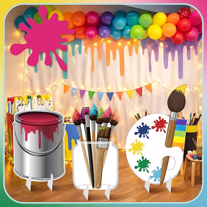 4 Pcs Large Paint Party Decorations - Colorful Art Cardboard Cutouts for Back to School Art Classroom Decor, Paint Can Palette Brush Cutouts for Birthday Baby Shower Craft Photo Props