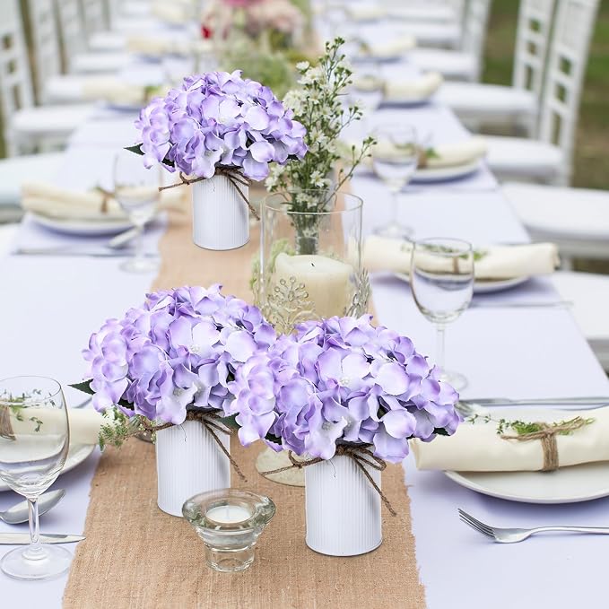 Zeyune Purple 12 Sets Wedding Flower Table Centerpieces Artificial Hydrangeas with Rustic Metal Vase Fake Hydrangea Flowers in Pot Floral Arrangement for Wedding Bridal Tea Party Table Home Decor