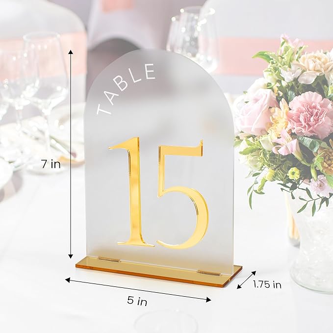 Frosted Arch Gold Table Numbers - 5x7" Frosted Arch Acrylic Table Signs with Gold Mirror Numbers for Banquet, Party, Event, Anniversary