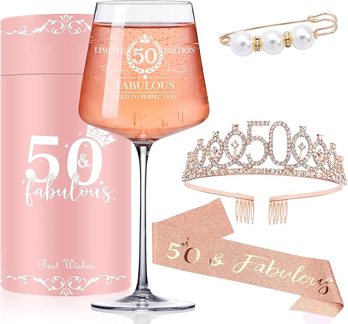 50th Birthday Gifts for Women Her,50th Birthday Sash,Crown,Rhinestone Tiara,Vintage Engraved Wine Glass,50 Year Old Birthday Decorations For Her,Women,Mom,Wife,Friends,Sister-Turning 50 Present