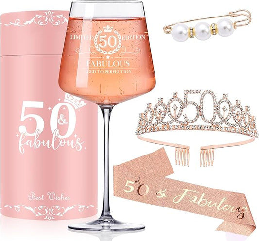 50th Birthday Gifts for Women Her,50th Birthday Sash,Crown,Rhinestone Tiara,Vintage Engraved Wine Glass,50 Year Old Birthday Decorations For Her,Women,Mom,Wife,Friends,Sister-Turning 50 Present