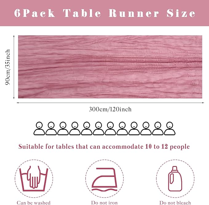 Dusty Rose 6 Pcs Cheesecloth Table Runner 10FT Runner for Tables Gauze Fabric 35 x 120 Inches Long Boho Table Runner Decoration Rustic Sheer Runner for Wedding Birthday Baby Shower Party (Dusty Rose)