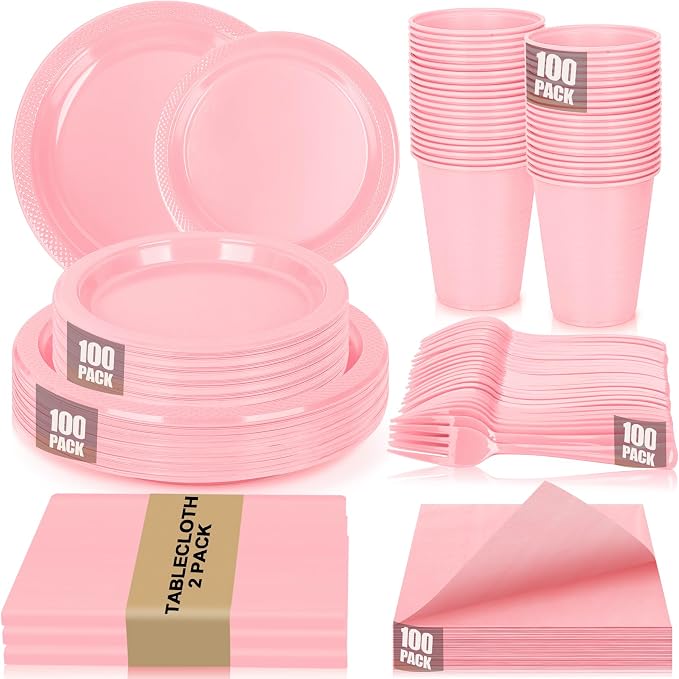 Pink Plastic Plates for Party,100 Guest Disposable Plastic Plate Set 9" Plates,7" Dessert Plates,Napkins,Cups,Forks & Tablecloth for Birthday,Wedding,Baby Shower,Girlfriends Tea Party