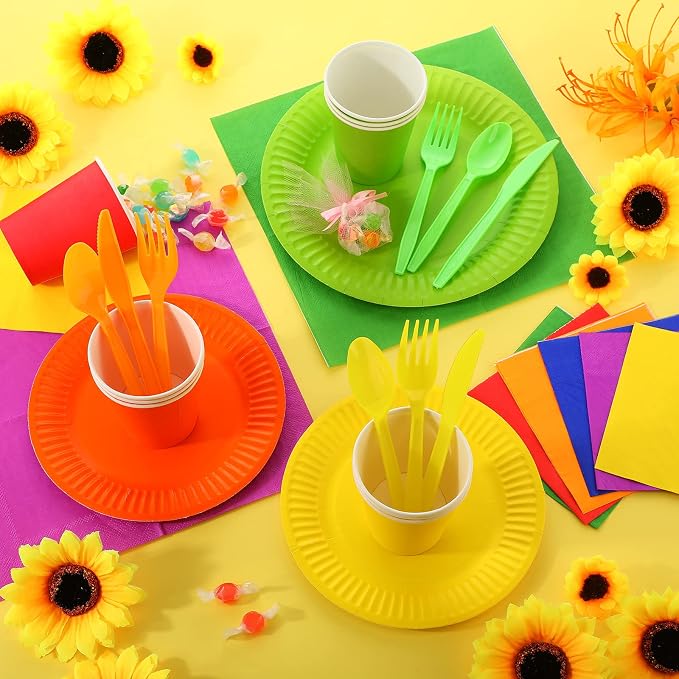 Inbagi 420 Pcs Rainbow Party Supplies Set 7" & 9" Colorful Paper Plates Colored Napkins Cups Spoon Fork Knif Disposable Dinnerware Set for Classroom & Back to School Party Decorations