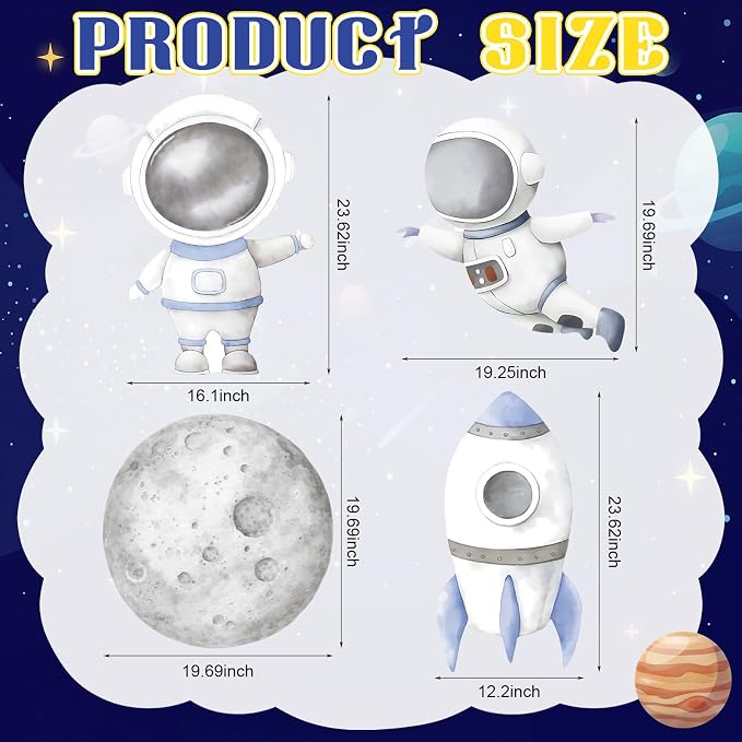 4 Pcs Large First Trip Around The Sun Decoration for Boy Birthday Space Party Cardboard Cutouts, Moon Astronaut Rocket Themed Standups for Baby Shower Photo Booth Backdrop Decor