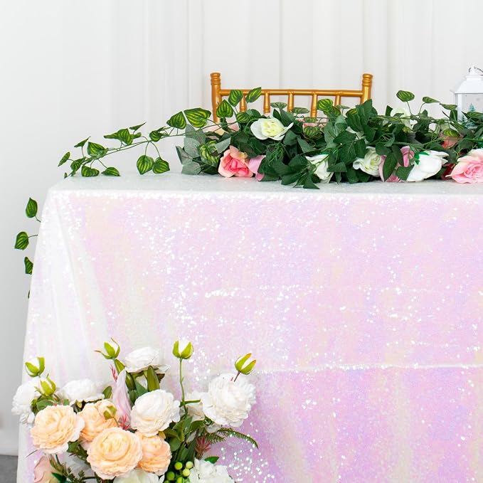 Sequin Tablecloth Rectangle 50x72-Inch Iridescent White Table Cloths for Parties Rectangular Table Cover Overlay Glitter White Birthday/Baby Shower/Tea Party Decor
