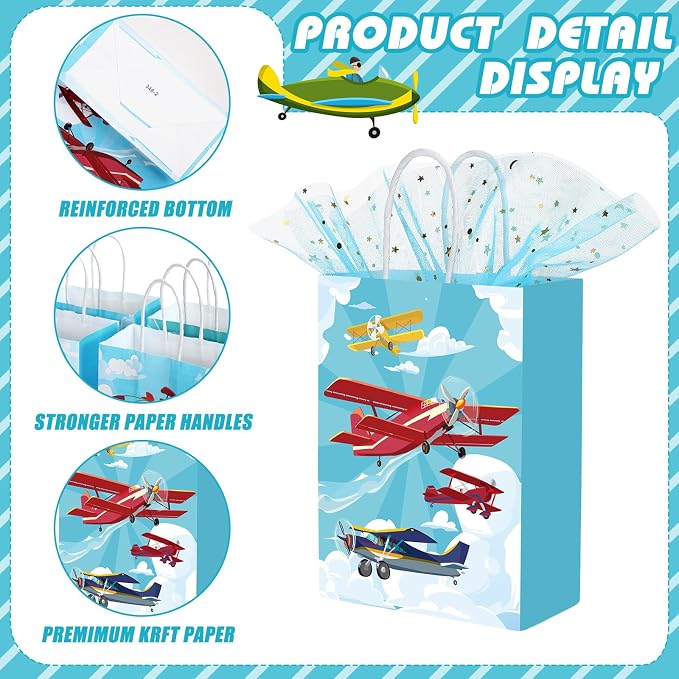 Outus 24 Pcs Airplane Party Favor Bags Airplane Gift Goodie Paper Bags with Handles Blue Plain Candy Treat Pouch for Birthday Party Decorations Supplies