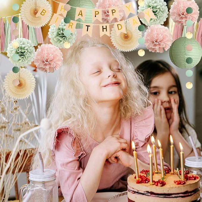 Sage Green Blush Pink Birthday Decorations Boho Pastel Sage Green and Dusty Pink Birthday Decorations for Women Girls Beige Fans with Light Pink Cream Dusty Rose Tassel Garlands Banner Beige and Gold