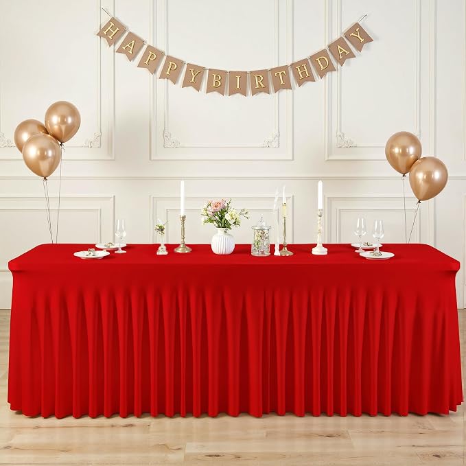 4 Pack Red Spandex Tablecloths for Rectangle Tables 8 Foot Red Stretch Table Cloth Rectangle 8ft Elastic Fitted Table Cover Fabric with Skirt for Wedding Graduation Birthday Party Banquet Buffet