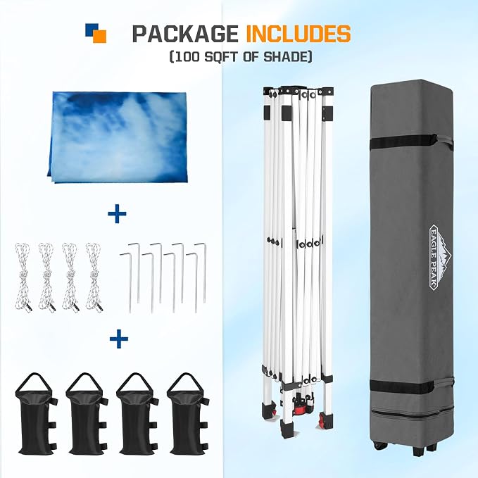EAGLE PEAK Pop Up Canopy Tent with Wheeled Carry Bag, 8 Stakes, 4 Ropes, 4 Weight Bags, Easy Set Up Tent Canopy, 10x10 ft, 100sqft of Shade, Tie Dye Blue