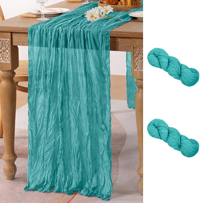 MLMC 2 Pack Teal Table Runner 10ft Rustic Summer Cheesecloth Table Runner Gauze Cheese Cloth Centerpiece Decororations 35x120 Inches for Wedding Baby Shower Outdoor Picninc Decor