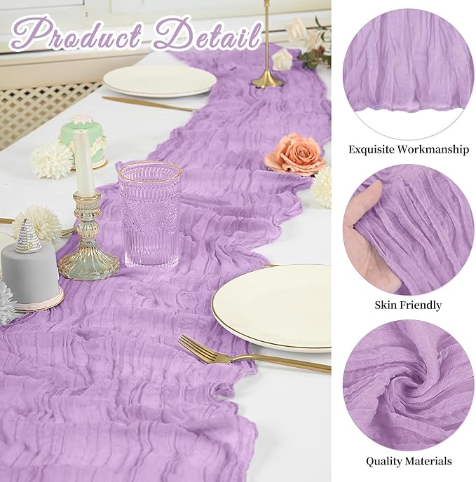 10 Pack Cheesecloth Table Runner 17 x 108 inch Long Boho Gauze Table Runners Semi Sheer Table Runner for Wedding Decor, Baby Shower, Birthday Party, Banquet (Lavender)