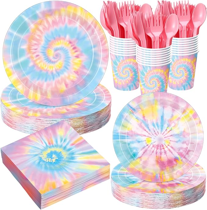 Pickmesh 400 Pcs Tie Dye Party Supplies Set Pastel Include Disposable Paper Plates Napkins Cups Cutlery for Men Women Colorful Dinnerware for Hippie Baby Shower Birthday Party Decorations Serve 50