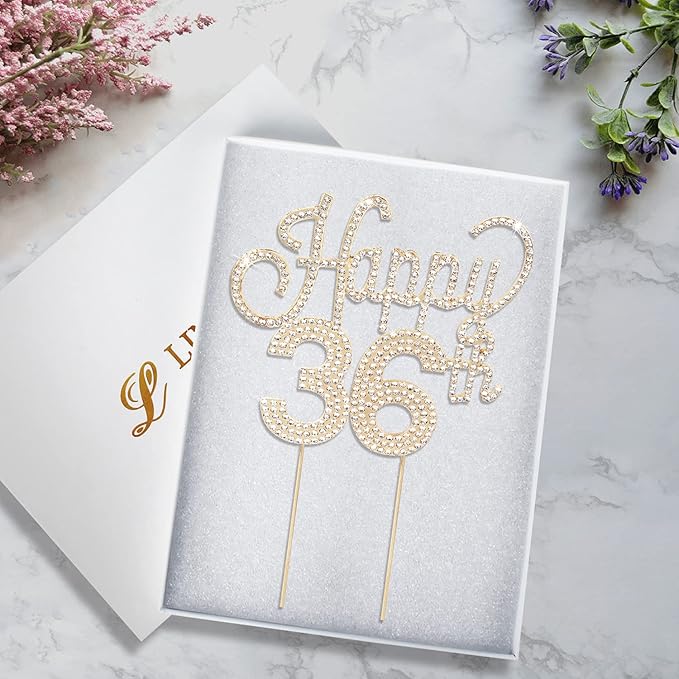LINGTEER Happy 36th Birthday Gold Rhinestone Cake Topper - Cheers to 36th Birthday 36 Years Old Anniversary Party Cake Centerpieces Topper Decorations Gift Sign.