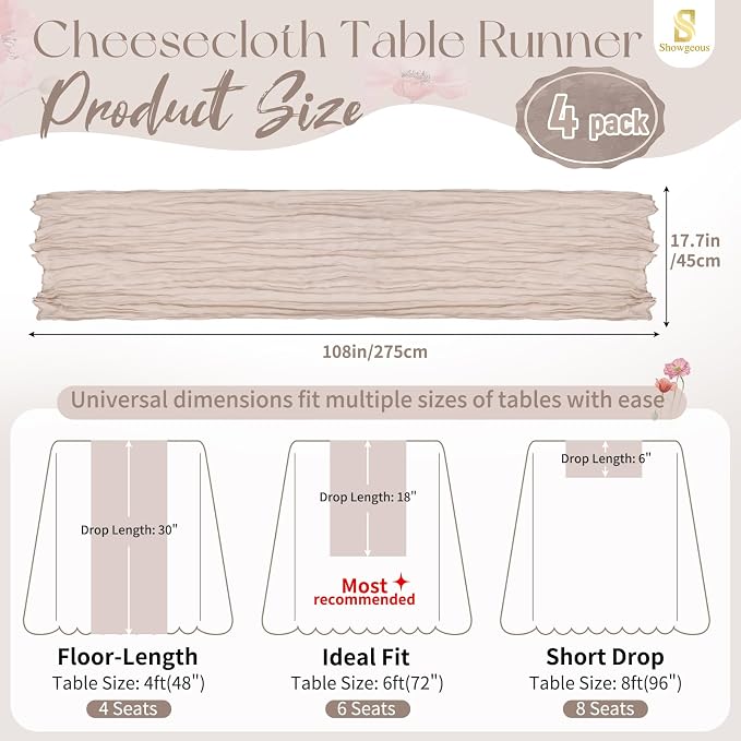4 Pack Rosy Brown Cheesecloth Table Runner 17 x 108 inch Boho Gauze Table Runner Rustic Sheer Cheese Cloth Table Decorations for Wedding Party Baby Bridal Shower Birthday Holiday Home
