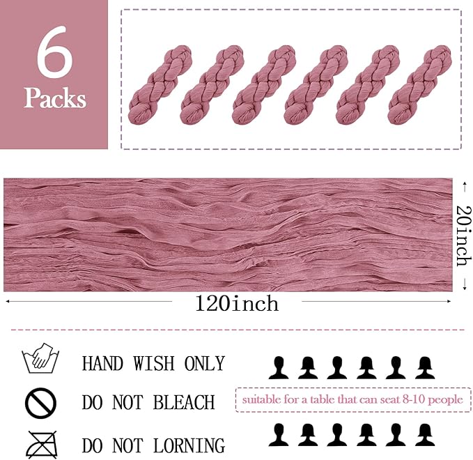 6 Pack Dusty Pink Cheesecloth Table Runner 20 x 120 inch Gauze Table Runners 10 FT Long,Semi Sheer Cheese Cloth Fabric Table Runner Bulk for Wedding,Party,Baby Shower,Bridal Shower Decoration
