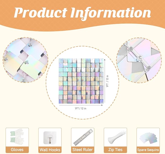 Iridescent Silver Shimmer Wall Backdrop,Shiny Sequins,48Pcs Sequins Backdrop Panels,Glitter Bling Photo Background for Birthday Party Wedding Engagement Anniversary Graduation (Each 1FT², Total 48FT²)