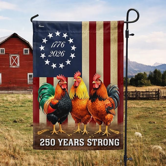 American Flag-250 Years Strong 1776 2026 Chicken Flag, Patriotic Rooster Farm Decor, Garden Flag (11.5" x 17.5")-USA Premium Polyester