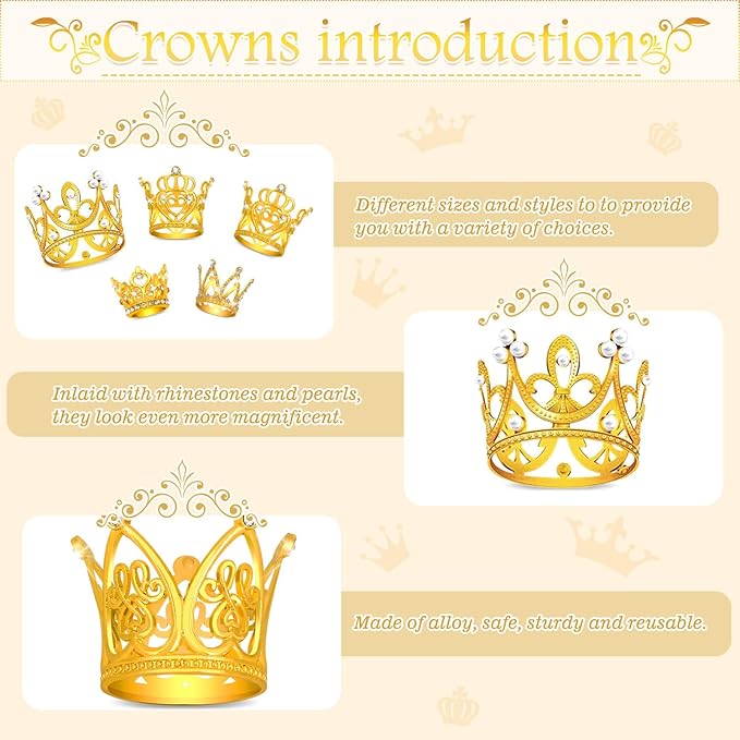 Billbotk 40 Pcs Mini Crowns for Flower Bouquets, Small Gold Crowns for Princess Cake Topper, Crown Decoration for Birthday Wedding Baby Shower Party, 5 Styles