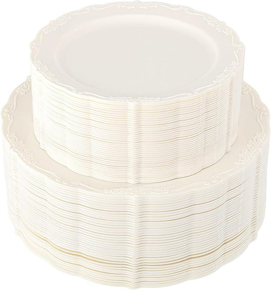 U-QE 100 Pieces Ivory Plastic Plates for Party - Ivory Disposable Plastic Plates - Heavy Duty Disposable Platos Including 50 Dinner 10 '' & 50 Dessert 7.5 '' for Weddings
