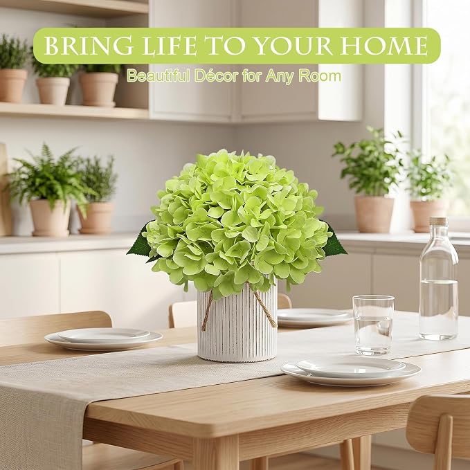 Set of 6 Artificial Flower Table Centerpieces - Light Green Fake Hydrangeas Floral Arrangement with Rustic Metal Vase for Baby Bridal Shower Birthday Party Event Decorations