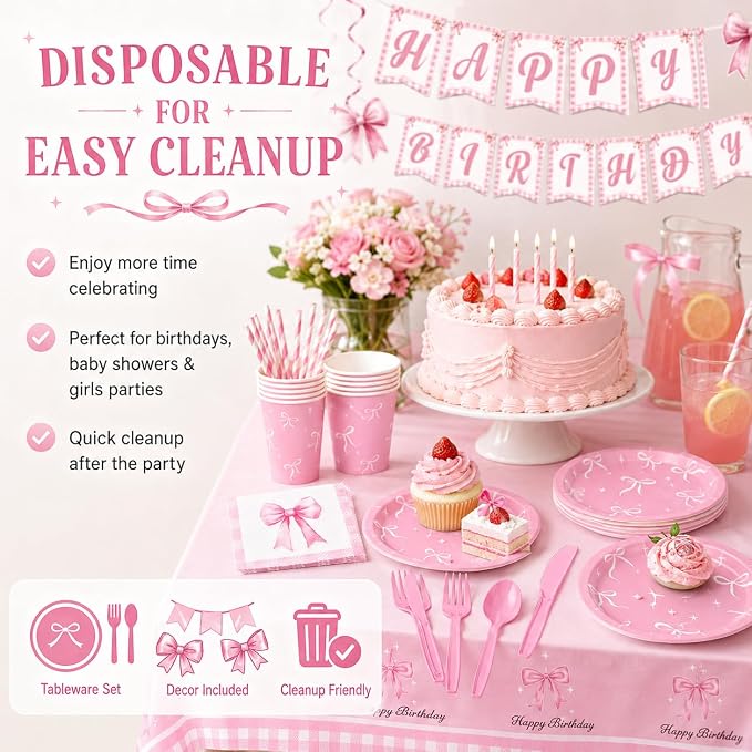 Glitter Diamond Theme Party Gold Plate Napkins Birthday Party Supplies Disposable Birthday Dinnerware Set,Girls Birthdays Party Plates Sets With Cups Forks knives Serve 24 (Pink Bow, 24)