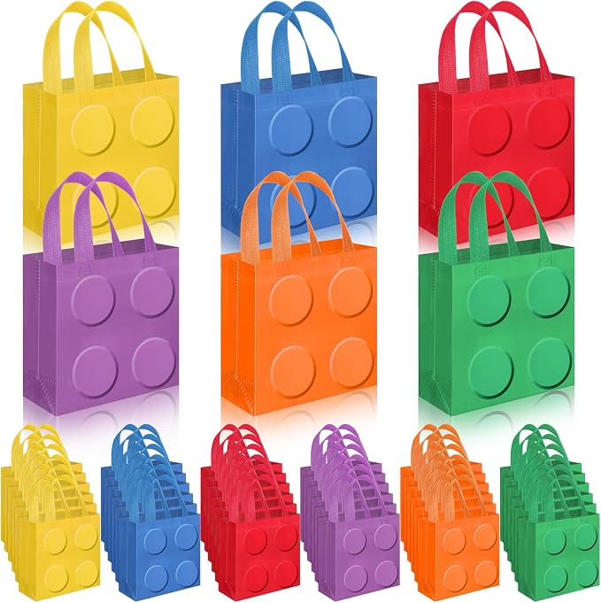 Sweetude 40 Pcs Building Blocks Brick Gift Party Favor Bags with Handle, Non Woven Goodie Bags Birthday Favor for Birthday Baby Shower Packaging Supplies