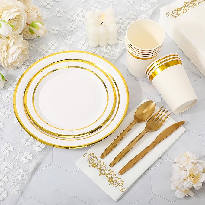 Didaey 700 Pcs Disposable Dinnerware Set for 100 Guests Include 200 Paper Plates, 300 Plastic Silverware, 100 Paper Cups, 100 Napkins for Wedding Birthday Party Supplies (White with Gold Rim)