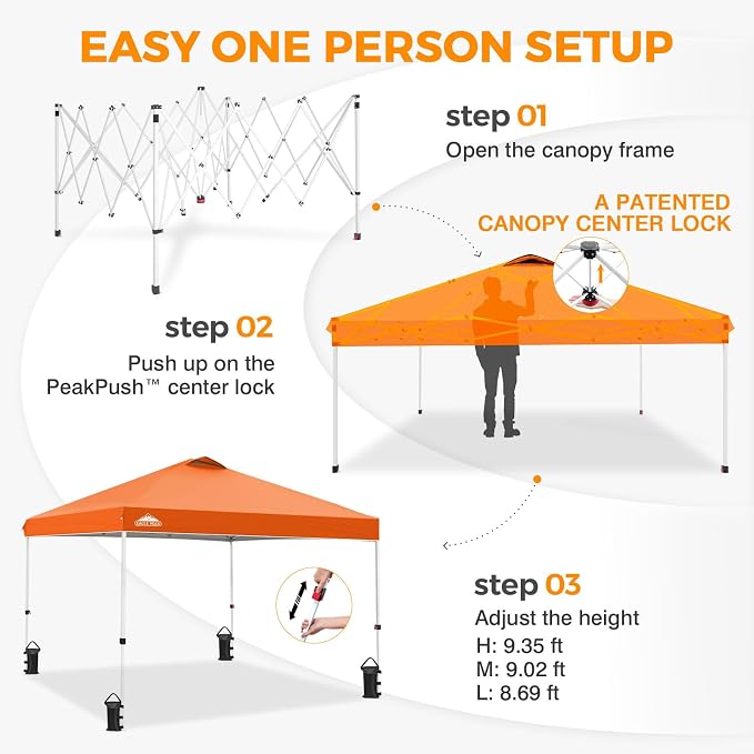 EAGLE PEAK Pop Up Canopy Tent with Wheeled Carry Bag, 8 Stakes, 4 Ropes, 4 Weight Bags, Easy Set Up Tent Canopy, 10x10 ft, 100sqft of Shade, Orange