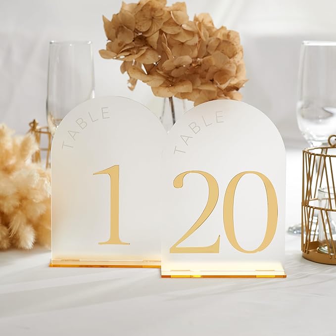 Frosted Arch Gold Table Numbers - 5x7" Frosted Arch Acrylic Table Signs with Gold Mirror Numbers for Banquet, Party, Event, Anniversary