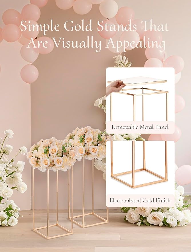 Gold Tall Stand for Wedding: 23.6in, With Metal Panel, Packs of 2 | Columnar Cube Shape, Easy to Assembly, Flowers Cakes Drinks Display Table Centerpieces for Wedding Party Event