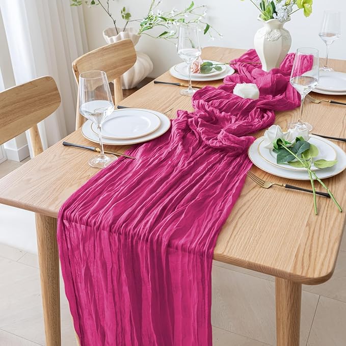3PCS Table Runner Cheesecloth 10FT Fuchsia Boho Gauze Cheese Cloth Rustic Sheer Table Runners for Wedding Birthday Bridal Baby Shower Party Decoration
