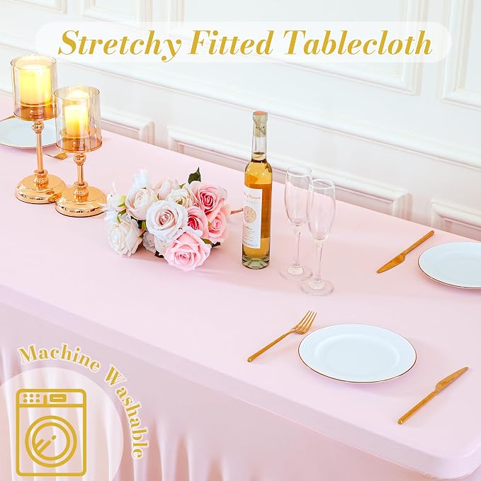 8 Pack Pink Table Cloth for 6 Foot Rectangle Tables Spandex Fitted Tablecloth 6ft Stretch Table Covers Skirt Pink Banquet Tablecloths Wrinkle Free Tablecloth for Party Wedding Birthday Event