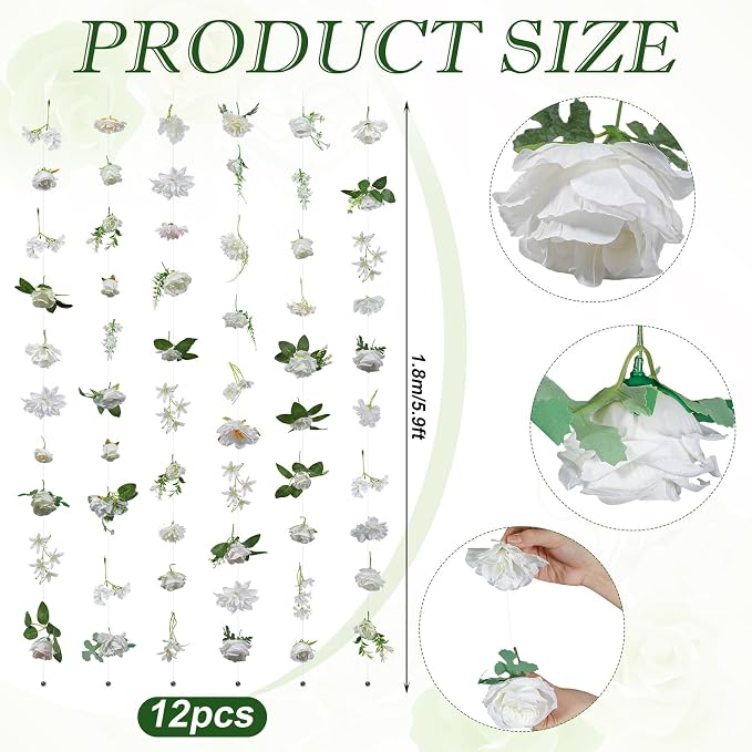 Suncalla 12 Pcs 70.8 ft Wildflower Garland Pre Strung Artificial Hanging Flower Vine Backdrop Decor from Ceiling Floating Silk Floral Garland for Garden Wedding Bridal Shower(Boho,White)