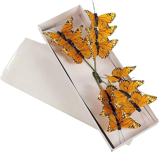 Berfutall- Monarch Butterfly Decor, Feather Butterfly Decorations Set of 12 with Wire, 3", Orange