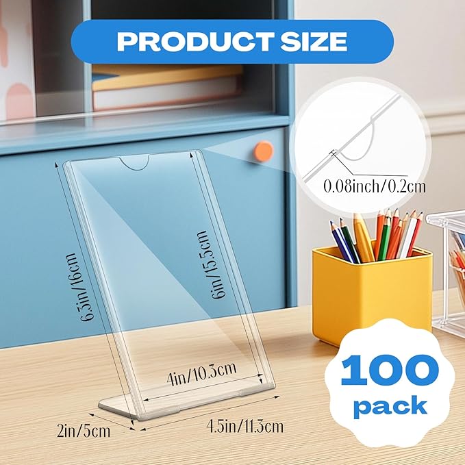Maitys 100 Pack 4x6 Acrylic Picture Frame Bulk Vertical Clear Plastic Photo Frames Self Standing Brochure Holders Price Display Signs L-shape Plastic Frames for Wedding, Restaurant, Office, Desktop