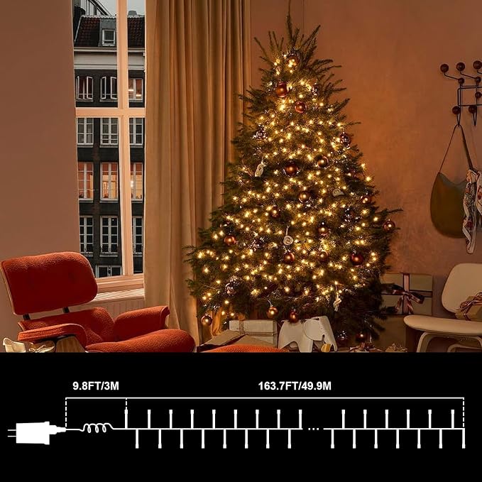 LAMPHOME 165ft Christmas Decorative Mini Lights, 500 LED Transparent Wire Fairy Starry String Lights Plug in, 16Lighting Modes for Indoor Outdoor Xmas Tree Wedding Party Decoration (Warm White)