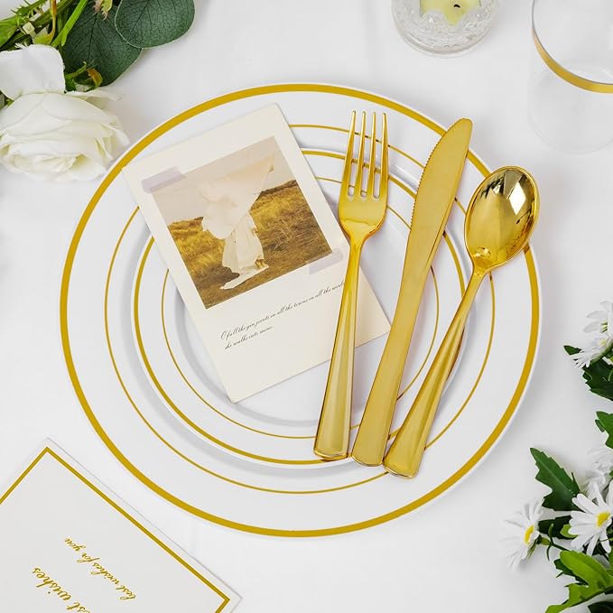 Supernal 102pcs White and Gold Plastic Plates,Disaposable Plates Heavy duty,Fancy Gold Plastic Dinnerware Set included 51 Dinner & Dessert Plates for Valentine's Day Mother's Day and Easter