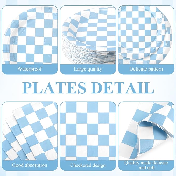 Funnymoom 452 Pcs Light Blue and White Gingham Party Supplies for 50, Blue Checkered Gingham Paper Plates Napkins Cups Tablecloth Cutlery Straws for Baby Shower Picnic Camping Birthday Decoration