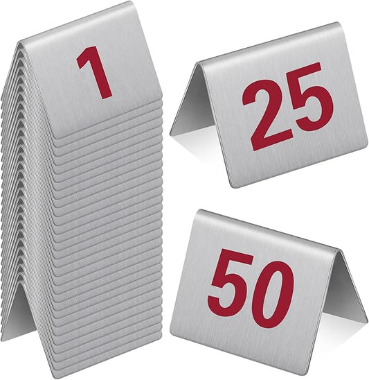 Wenqik 50 Pcs Stainless Steel Table Numbers 1-50 Tent Style 2 x 1.6 Inch Restaurants Table Number Card for Cafes Bars Party Banquets Food Service Wedding Evidence Markers Supplies(Red)