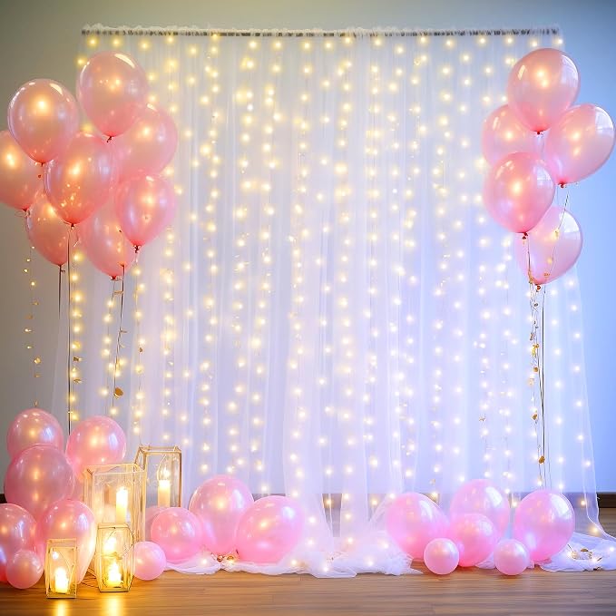 10ft x 10ft White Sheer Tulle Backdrop Curtains with Lights String for Party Wedding Wrinkle Free Curtain Backdrops Drapes for Baby Shower Birthday Party Photo Back Drop Background Home Decorations
