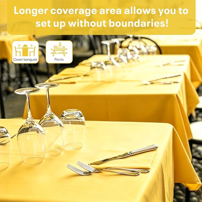 54IN X 600FT Plastic Table Cover Roll, Plastic Table Cloths for Parties, Birthday, Weddings, Banquet,Disposable Tablecloth Roll for All Shape Tables,Party Supplies(Yellow, 54 Inch X 600 Feet)