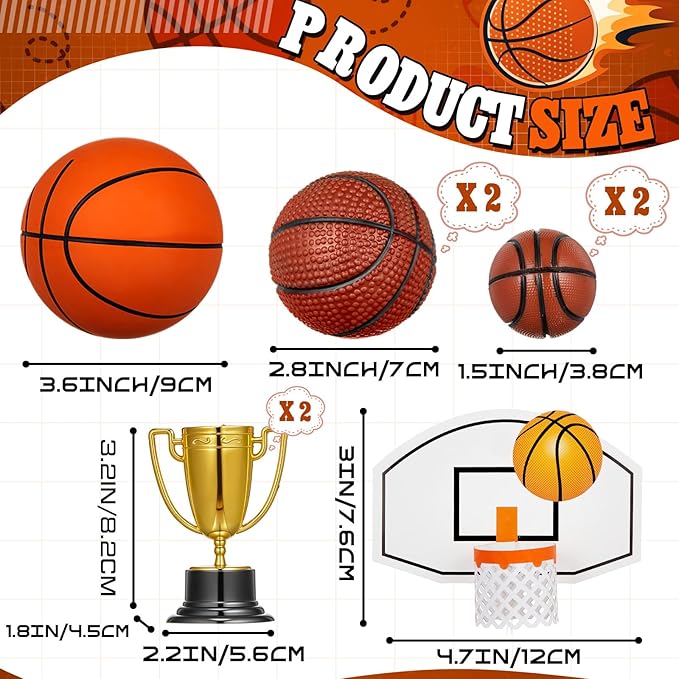 VioraWhite 8 Pcs Fun Basketball Cake Toppers Basketball Cake Decorations, 5 Balls of Different Sizes 2 Trophies and 1 Set Dunk the Ball Sign for Sport Theme Party Ceremony