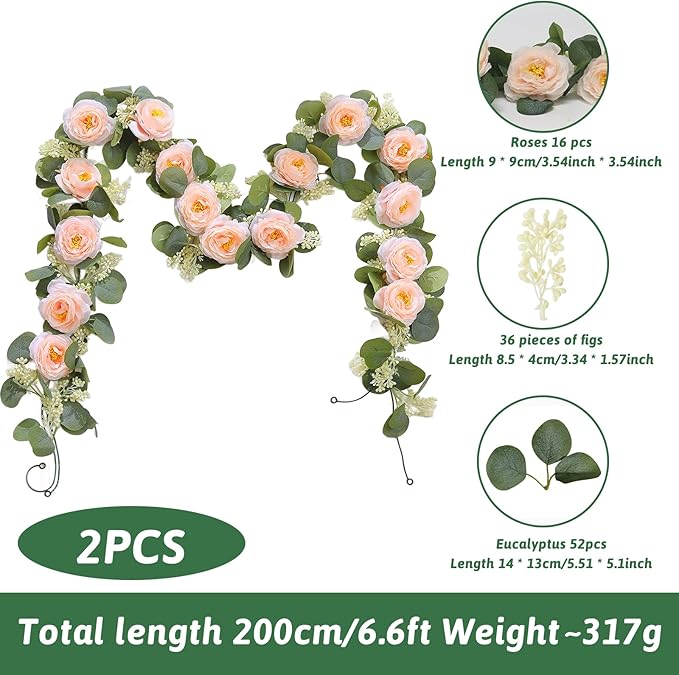 MAKHOT 2 Pcs Pink 6.6Ft Artificial Eucalyptus Flower Garland with Fake Rose Flower Vine Seeded Eucalyptus Leaves Greenery Garland for Wedding Table Backdrop Party Centerpiece Room Decor (Pink)