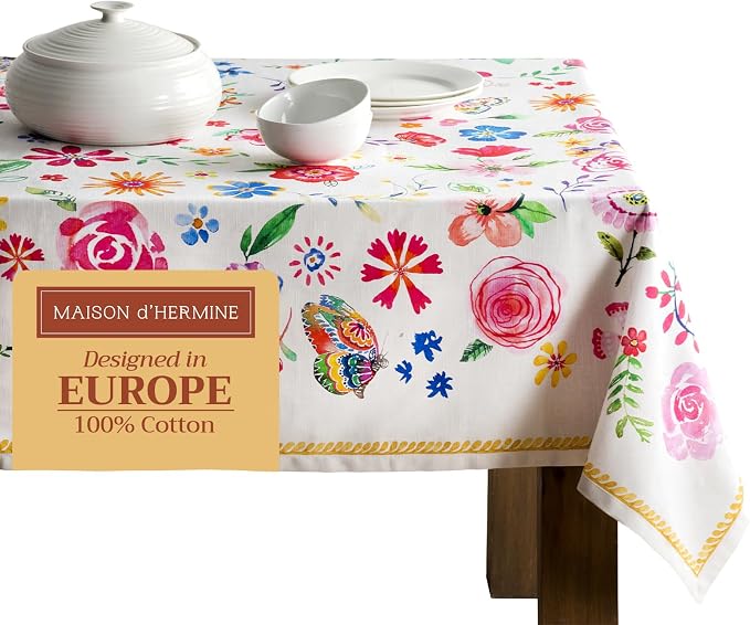 Maison d' Hermine Table Cloth Rectangle Table 100% Cotton 60 x 108 Inches Tablecloth Reusable Decorative for Dining Kitchen Room Farmhouse Party Hotel Restaurant Spring Summer - Happy Florals - Sweety