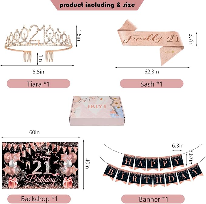 Happy 21st Birthday Decorations for Her, Black Rose Gold 21 Years Old Decor for Women Include Sash and Crown, 30pcs Balloons Banner 40" Number Balloons, Backdrop Cake Topper & Paper Pom Poms